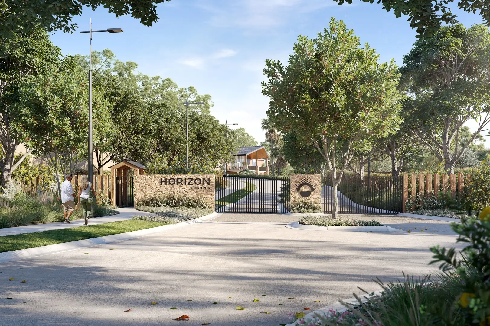 Horizon Living front entry render with landscaped gardens and stone signage