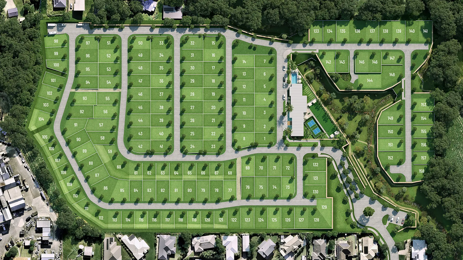 Horizon Living masterplan showing 158 numbered home sites, roads and the clubhouse precinct
